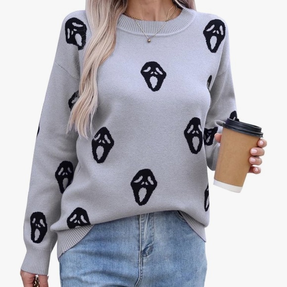 Sweaters - Womens Gray and Black Skull Sweater